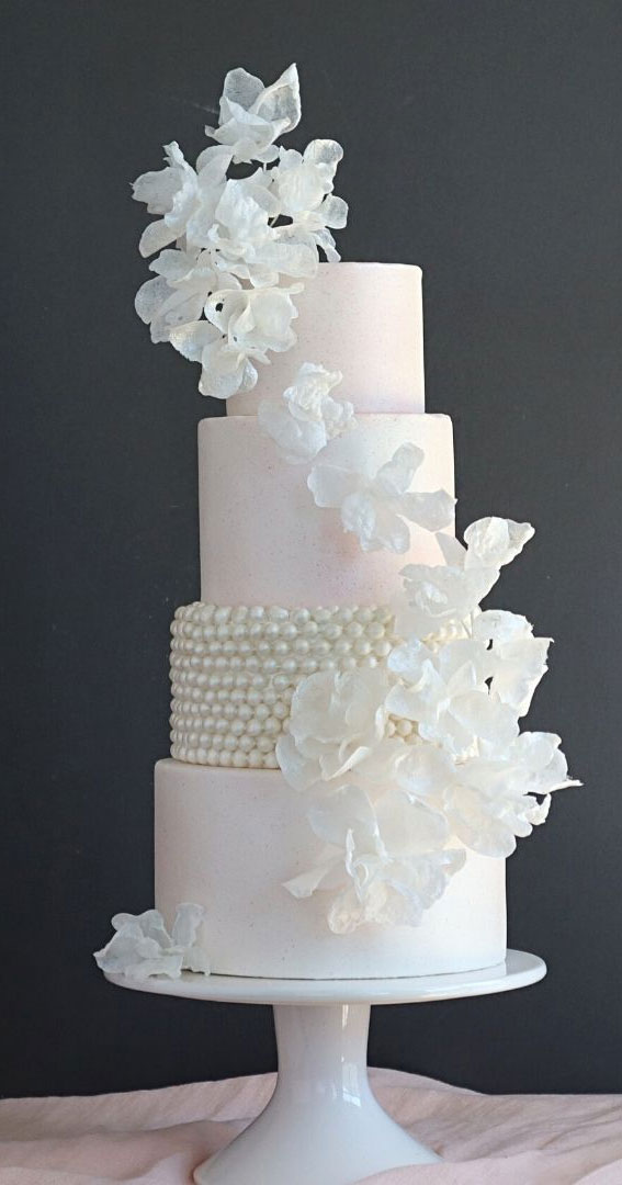 50 Timeless Pearl Wedding Cakes : Cascading Wafer Papaper Floral + Pearls
