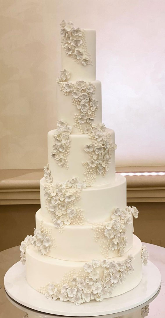 50 Timeless Pearl Wedding Cakes : Six-Tiered Pearl Encrusted Floral Cake