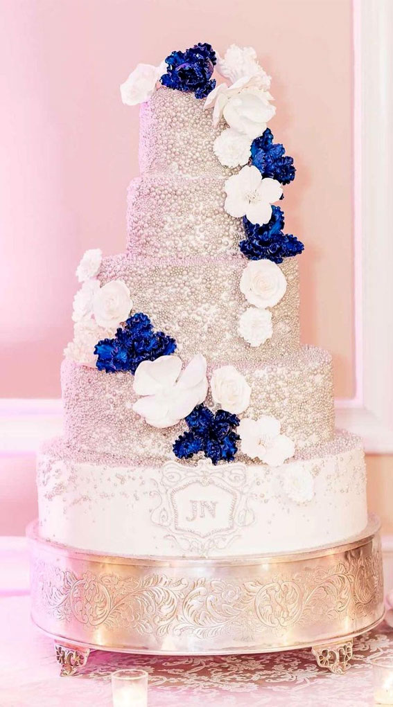 50 Timeless Pearl Wedding Cakes : Silver Pearls + Dark Blue Peonies