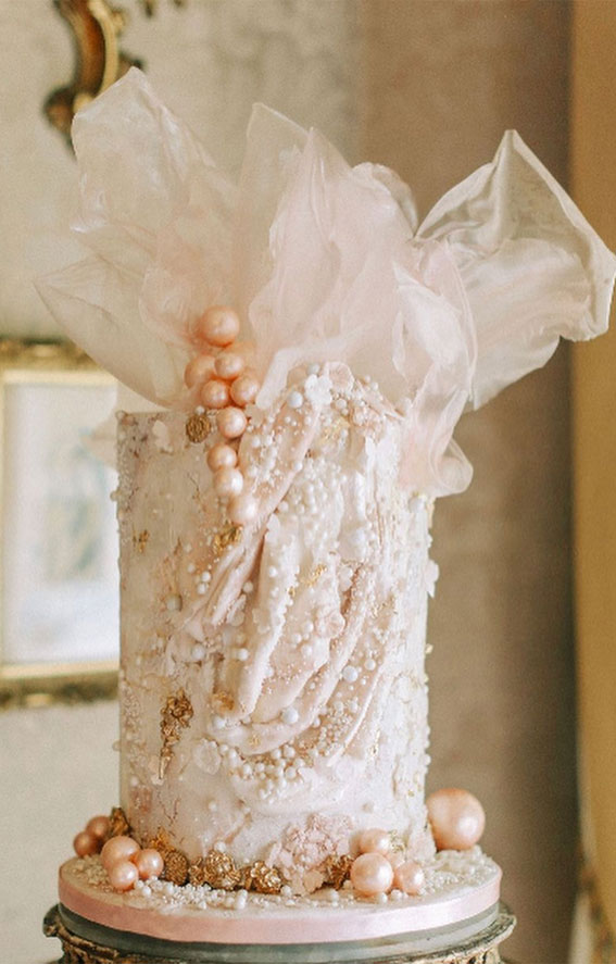 50 Timeless Pearl Wedding Cakes : Sugar Pearls and Rice Paper One Tier Cake