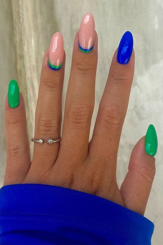 35 Fresh & Colourful Spring Nail Designs : Cobalt Blue & Green Nails
