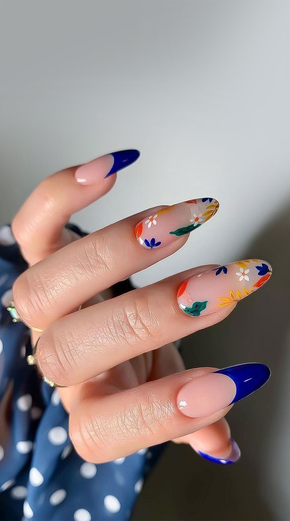 35 Fresh & Colourful Spring Nail Designs : Blue French Tips & Flower Nails