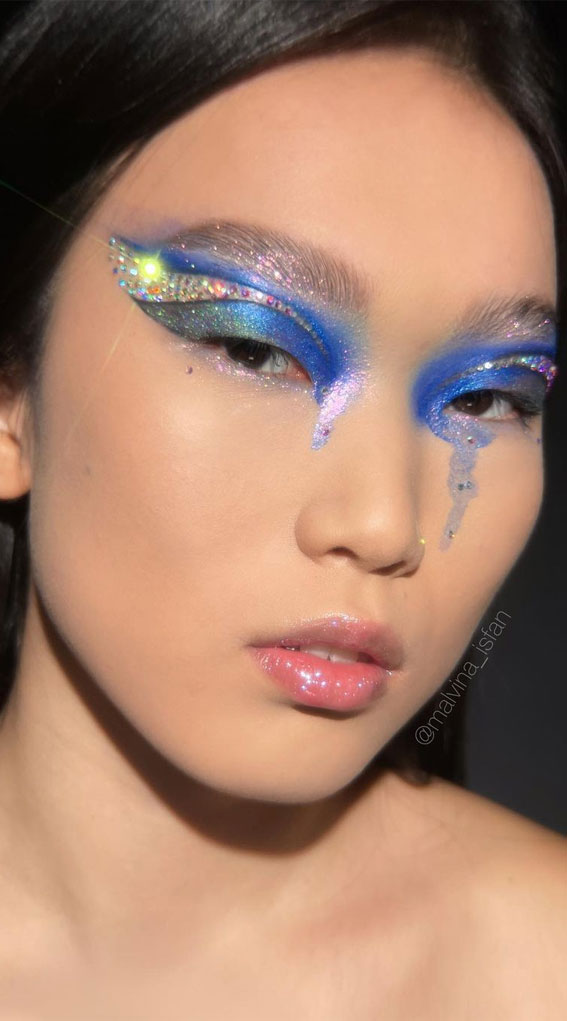 42 Summer Makeup Trends & Ideas To Look Out : Blue Glitter Tear Makeup