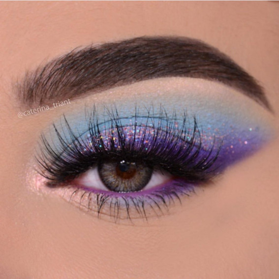 47 Cute Makeup Looks to Recreate : Shimmery Purple + Blue Eyeshadow