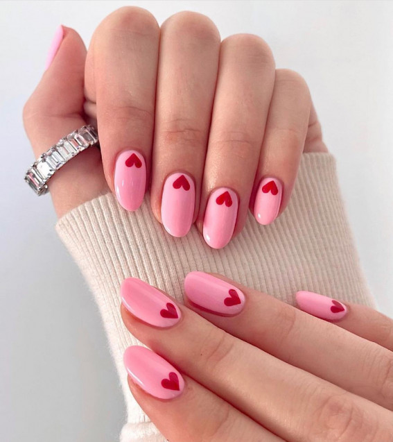 50 Eye-Catching Nail Art Designs : Red Heart Pink Nails