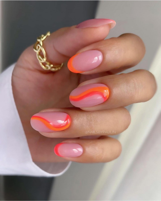 50 Eye-Catching Nail Art Designs : Orange Swirl Round Nails