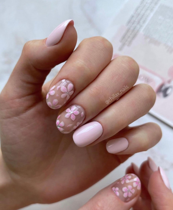 50 Eye-Catching Nail Art Designs : Pink Flower Clear + Pink Nails