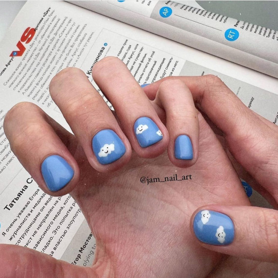 50 Eye-Catching Nail Art Designs : Dreamy Cloud Blue Short Nails