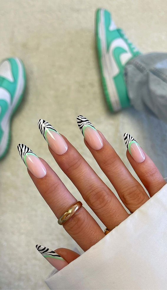 30 Trendy Ways to Wear An Animal Print Nail Art : Zebra Print French Tips with Green Lines