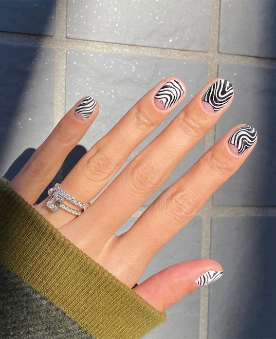 30 Trendy Ways to Wear An Animal Print Nail Art : Zebra Print Short Nails with Nude Cuffs