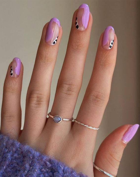 30 Trendy Ways to Wear An Animal Print Nail Art : Abstract Cow Print and Lilac Nails
