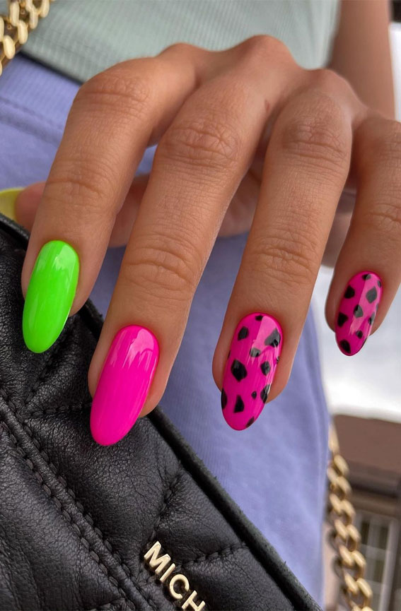 hot pink leopard nails, neon nails, summer nails, trendy animal print nails