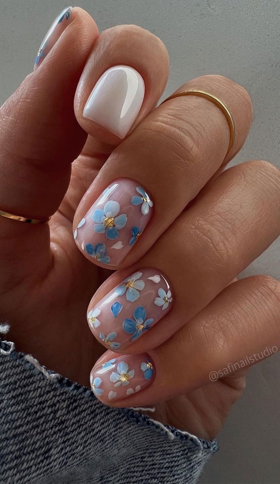 40 Trendy Flower Nail Designs That You Should Try : Delicate Blue Flower Nails