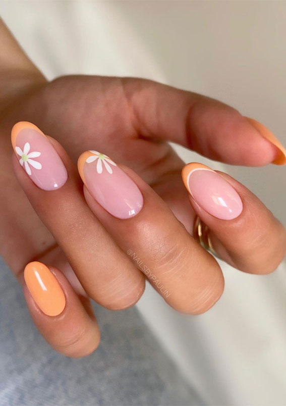 peach french nails, flower nails, flower nail designs, summer nails, spring nail ideas, daisy nails, trendy summer nails, nail art designs 2022