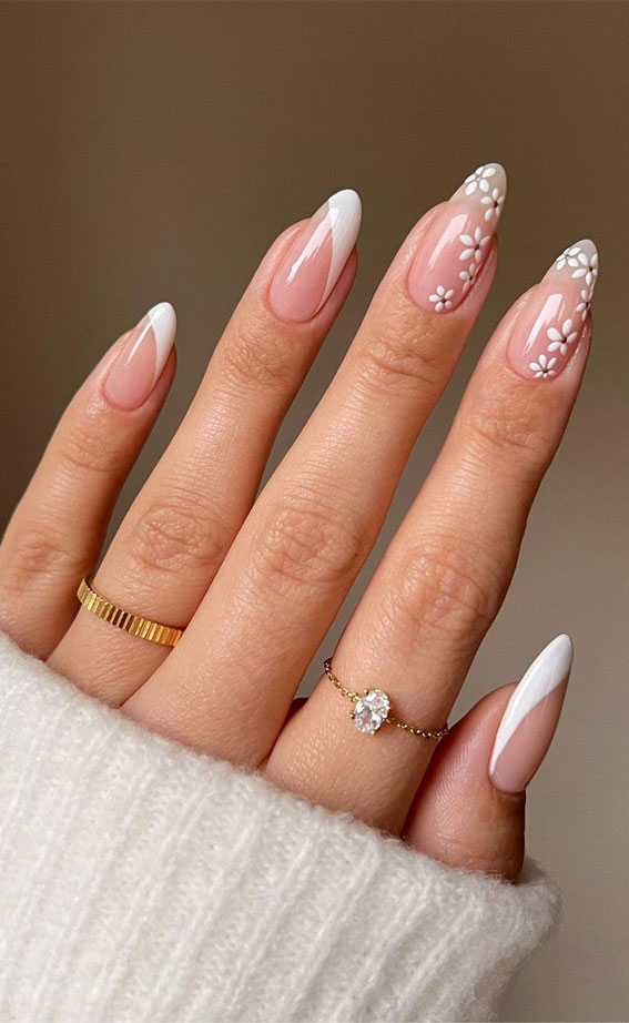 40 Trendy Flower Nail Designs That You Should Try : White Flower & Side French Almond Nails