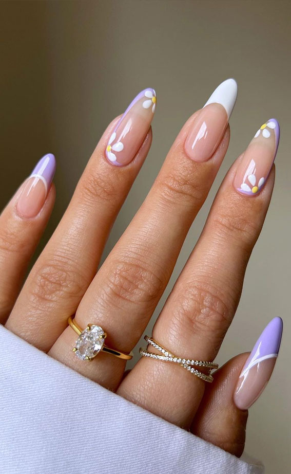40 Trendy Flower Nail Designs That You Should Try : Lilac & White French + Flower Nails