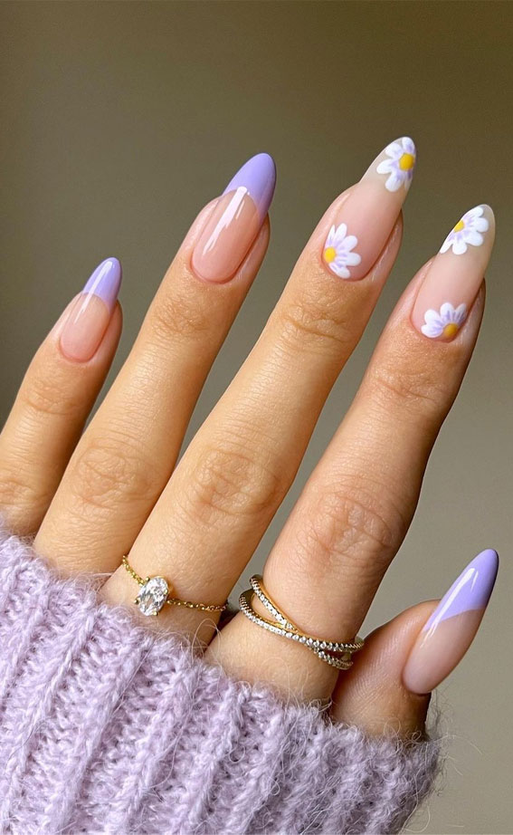 40 Trendy Flower Nail Designs That You Should Try : Lavender French + Daisy Matte Almond Nails