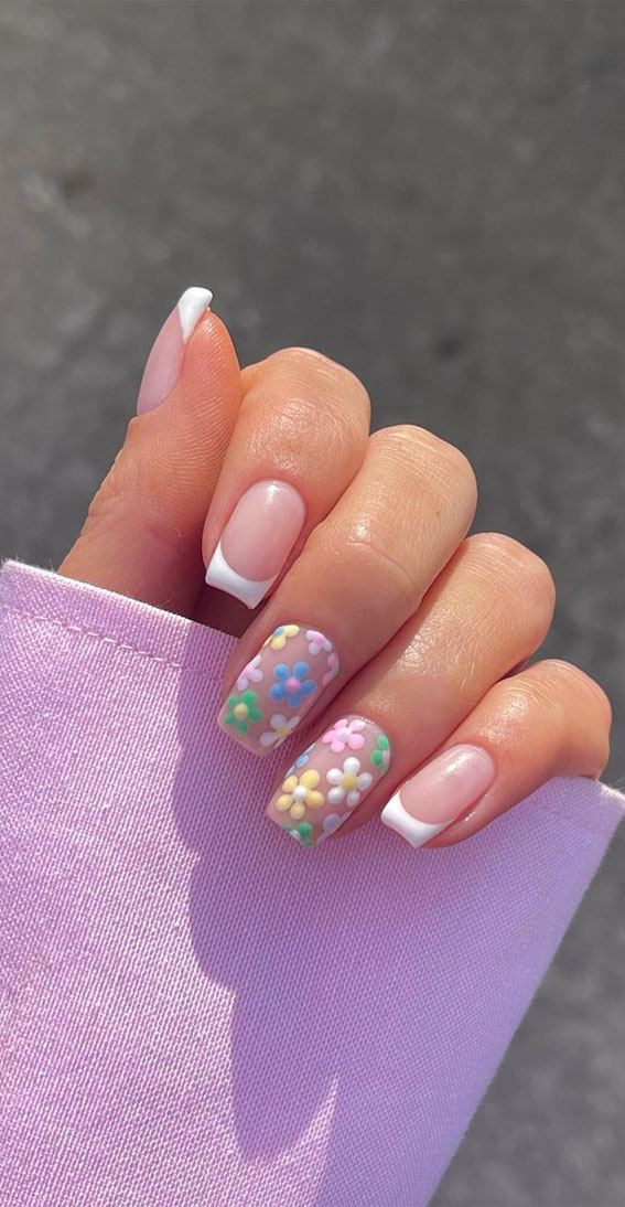 40 Trendy Flower Nail Designs That You Should Try : Pastel Flower + White Tips