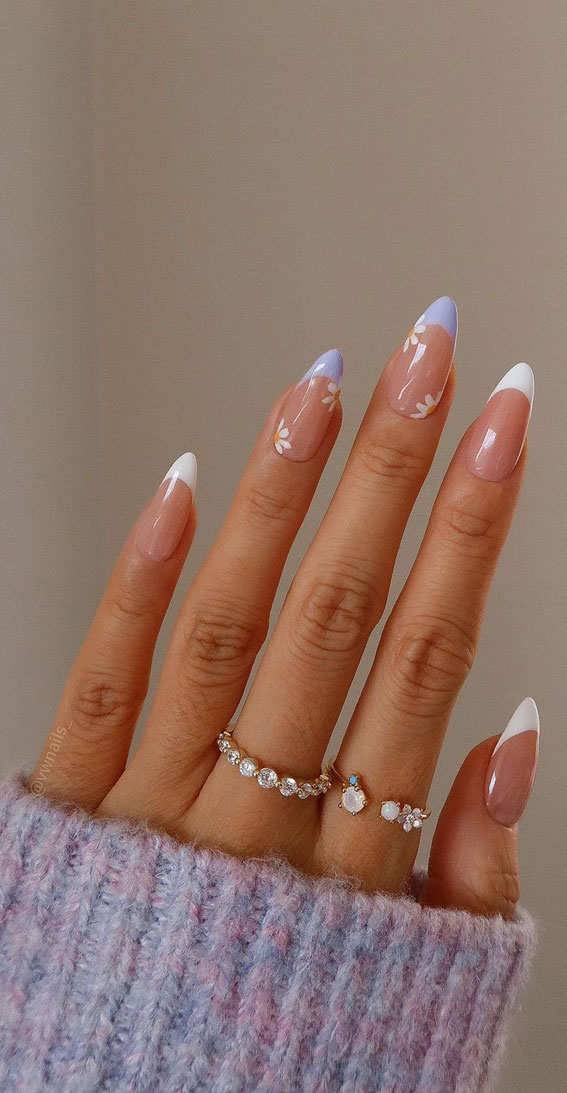 40 Trendy Flower Nail Designs That You Should Try : Lavender French Tips + Flower Sheer Nails