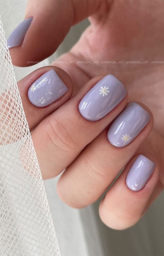 40 Trendy Flower Nail Designs That You Should Try : Daisy on Lavender Polish Nails