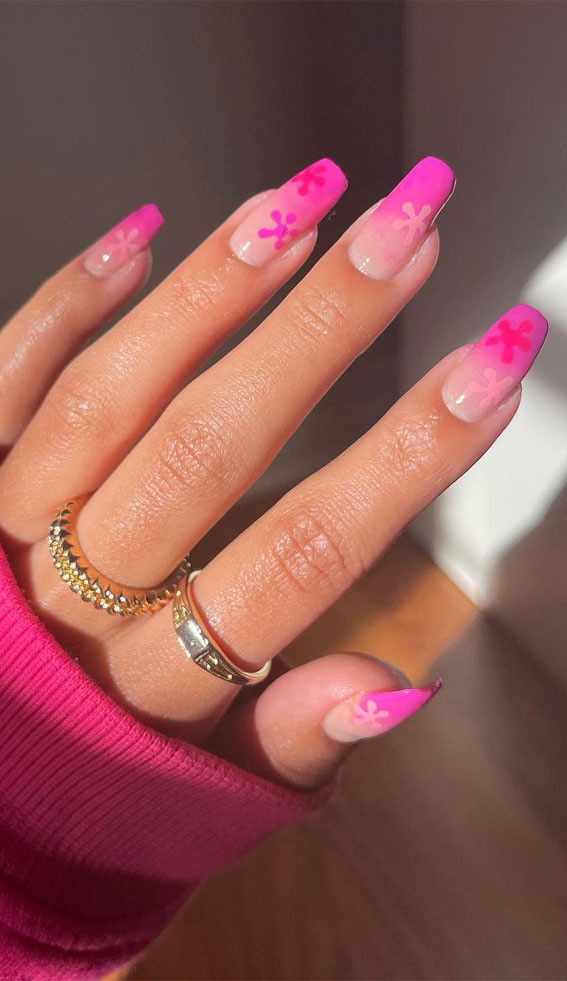 40 Awesome Nail Ideas You Should Try : Hot Pink Ombre + Flower Nails
