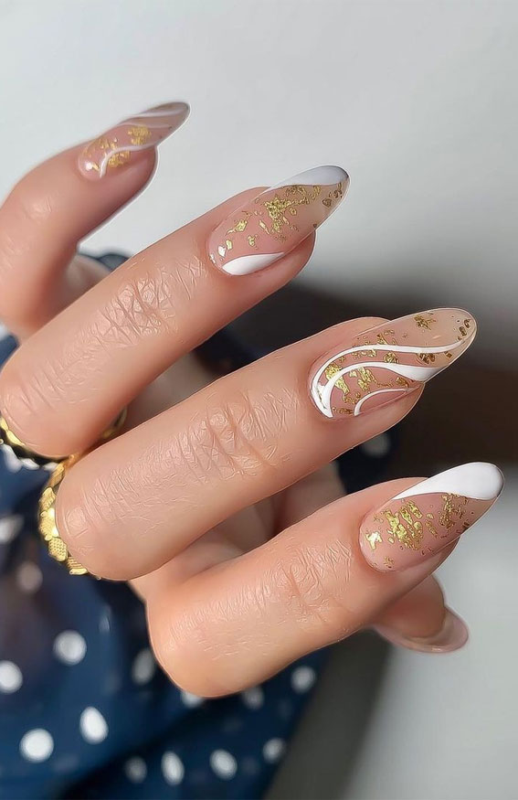 40 Awesome Nail Ideas You Should Try : White Swirl & Gold Flakes