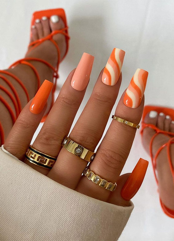 Embrace the Warmth with Radiant Summer Nails : Gold Chrome Swirl Orange Tips