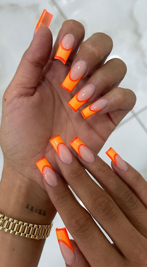 orange french tip nails, orange nails, orange nail art design, summer nail art designs, colorful nail colors, bright nail colors, summer nail art designs 2022, orange nail colors, nail art designs 2022 
