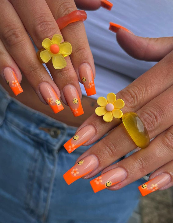 35 Cute Orange Nail Ideas To Rock in Summer : Orange Frenchies + Smiley Faces