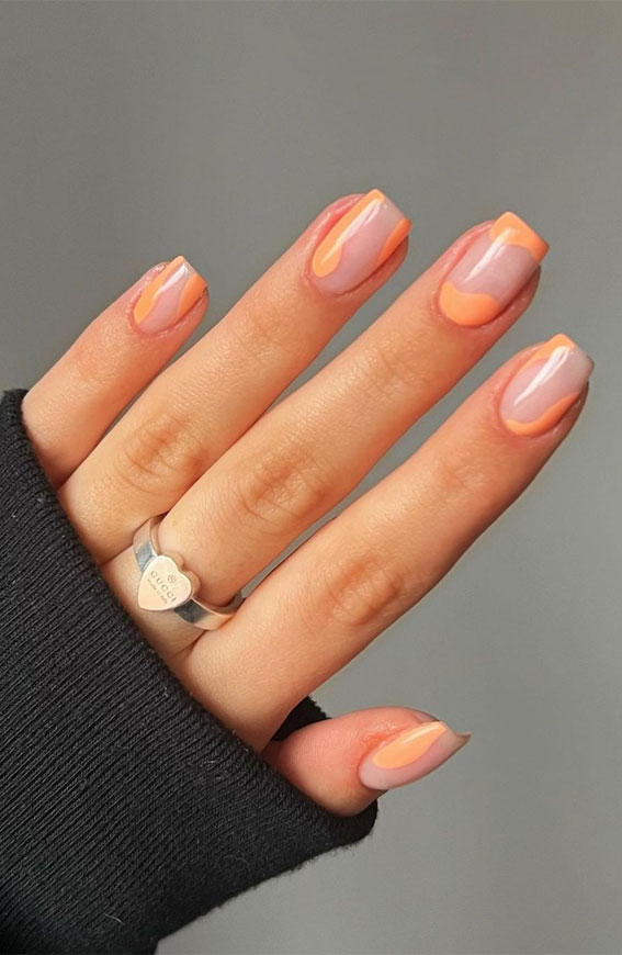 35 Cute Orange Nail Ideas To Rock in Summer : Peach-Orange Abstract Nails
