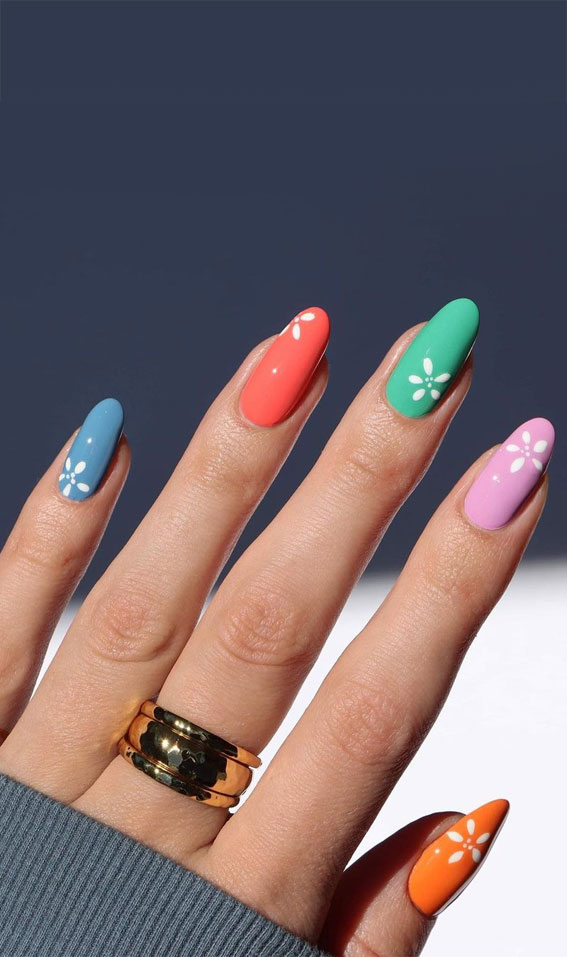 50 Eye-Catching Nail Art Designs : Different Colour Nails with Flower