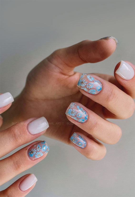 50 Eye-Catching Nail Art Designs : Blue Flower Clear Nails