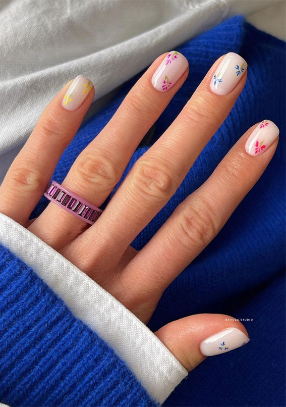 50 Eye-Catching Nail Art Designs : Different Colour Flower Milky White Nails