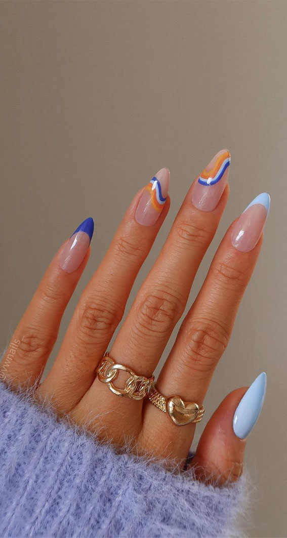 50 Eye-Catching Nail Art Designs : Peach and Blue Swirl Sheer Nails