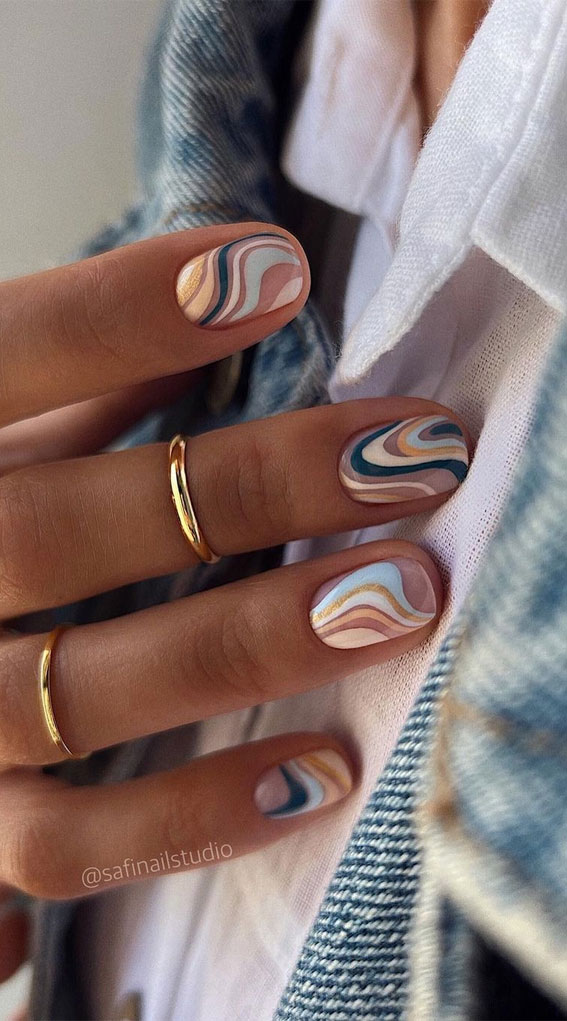 50 Eye-Catching Nail Art Designs : Ocean Tone Swirl Nails