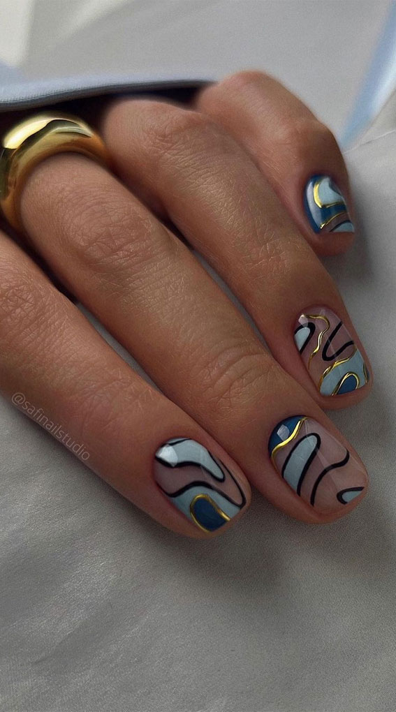 blue and gold sheer nails, nail art designs, short nails , short nail art designs, blue and gold nails