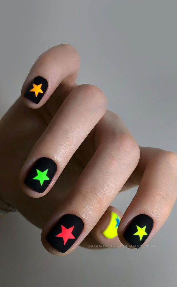 50 Eye-Catching Nail Art Designs : Neon Star Matte Black Nails