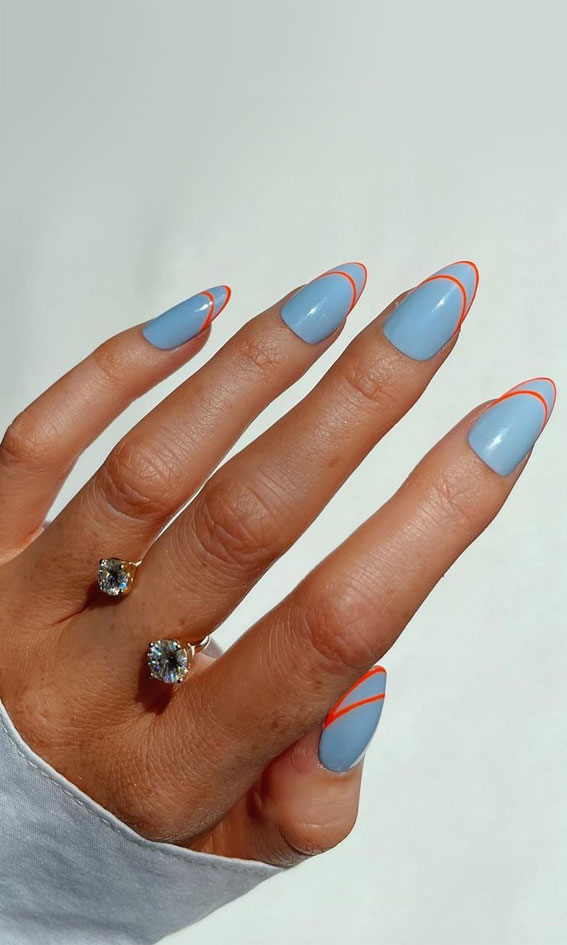 orange double french tip blue nails, blue and orange combo nails, nail art designs 2022, nail art designs, latest nail art designs gallery, nail art designs for short nails, summer nails, floral nail designs, nail art designs images, new nail art designs, flower nail designs 2022, blue flower nail designs, pink flower nail art