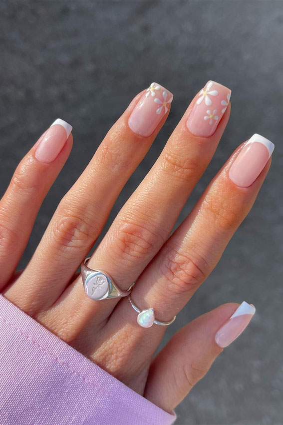 40 Trendy Flower Nail Designs That You Should Try : White Flower & French Square Nails