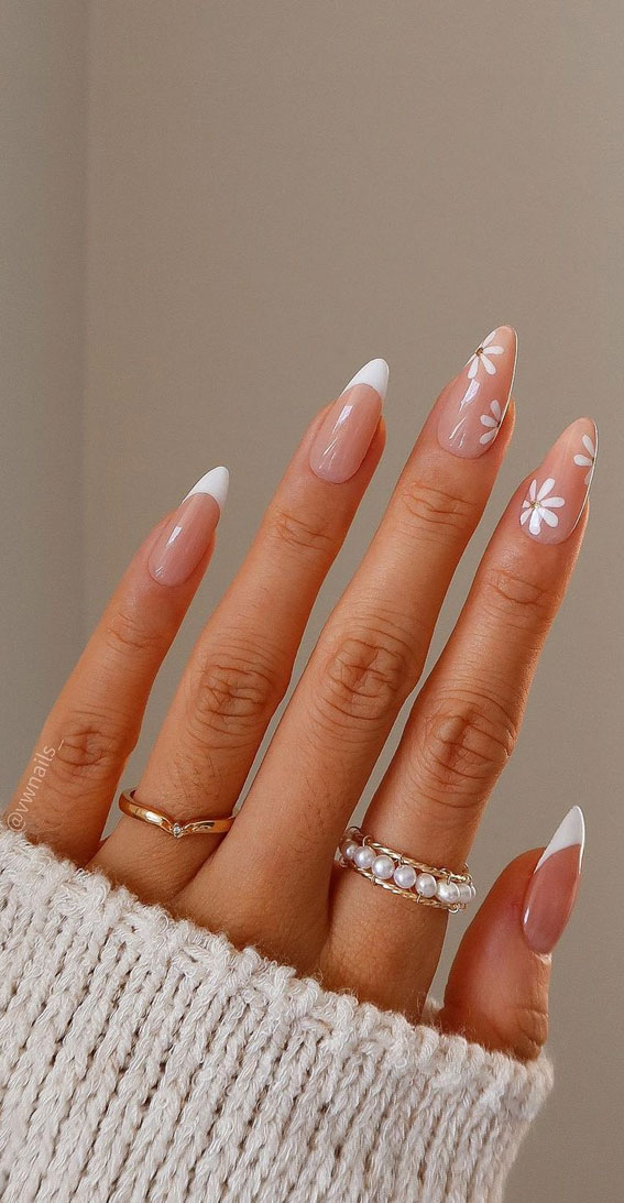 40 Trendy Flower Nail Designs That You Should Try : White Tips + Flower Sheer Almond Nails