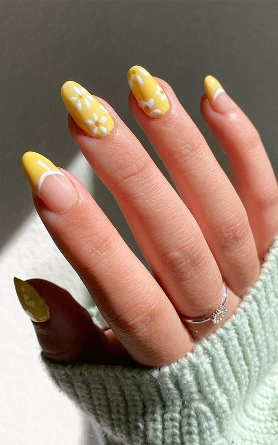 yellow flower almond nails, flower nails, flower nail designs, summer nails, spring nail ideas, daisy nails, trendy summer nails, nail art designs 2022, flower french tip nails