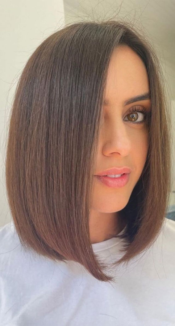 40 Trendy Lob Haircuts & Hairstyles in 2022 : Smooth Brunette Blunt Long Bob