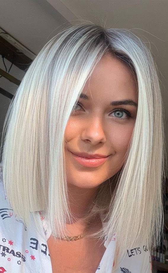 40 Trendy Lob Haircuts & Hairstyles in 2022 : Pearly Platinum Blonde Balayage Lob