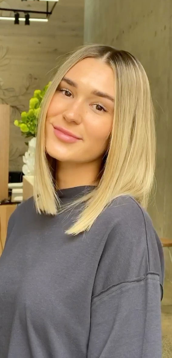 40 Trendy Lob Haircuts & Hairstyles in 2022 : Blonde Lob Haircut with Shadow Roots