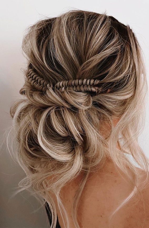 50 Stunning Updos For Any Occasion in 2022 : Braided Bobo Messy Low Bun