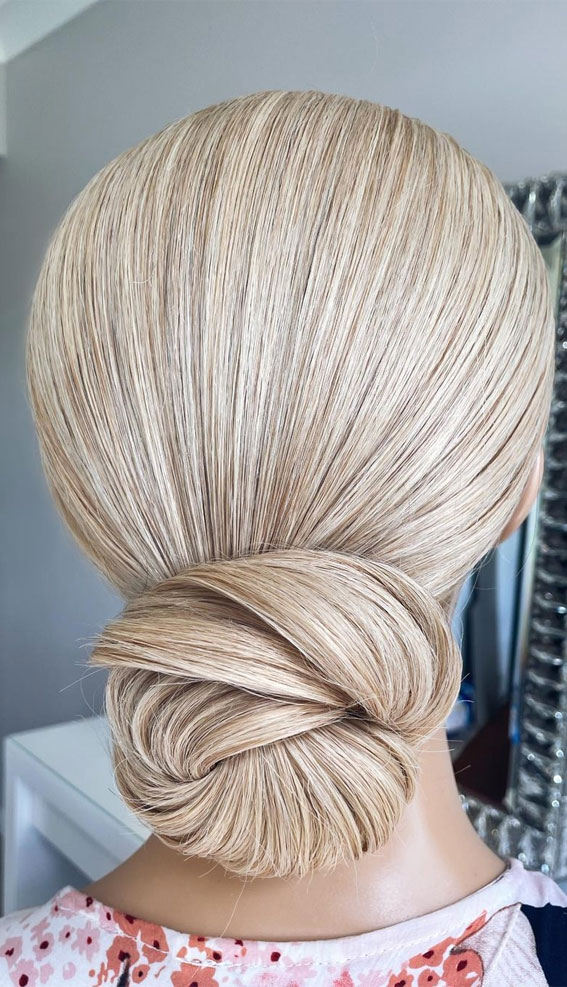 50 Stunning Updos For Any Occasion in 2022 : Sleek Blonde Low Bun