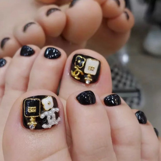 40 Eye-Catching Toe Nail Art Designs : Chanel + Pearl Black Toe Nails