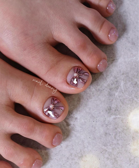 40 Eye-Catching Toe Nail Art Designs : Chrome Mauve Bow Toe Nails