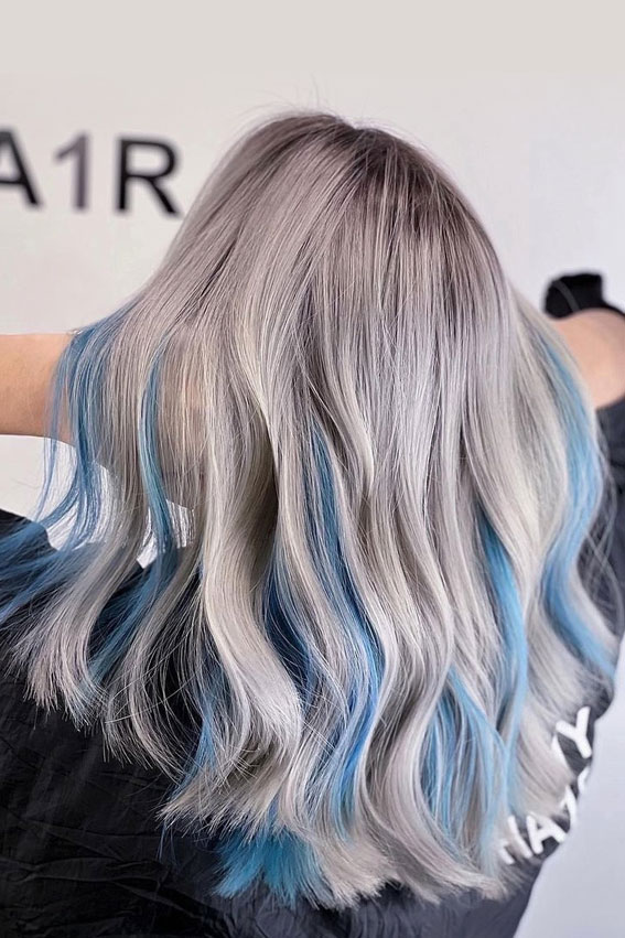 32 Ash Blonde Hair Colors & Styles : Peek-a-boo Blue Grey