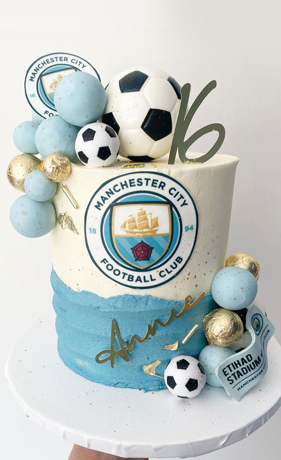 45 Awesome Football Birthday Cake Ideas : Blue and White Manchester United Cake